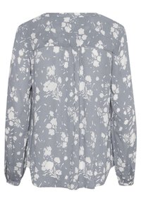 Blusa floreale a maniche lunghe in tessuto grigio chiaro, con motivi di fiori bianchi, scollatura rotonda e dettaglio plissè sul retro.
