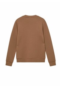 Felpa marrone con collo a giro, maniche lunghe e polsini a coste. Tessuto liscio e design minimalista, senza loghi o motivi visibili.