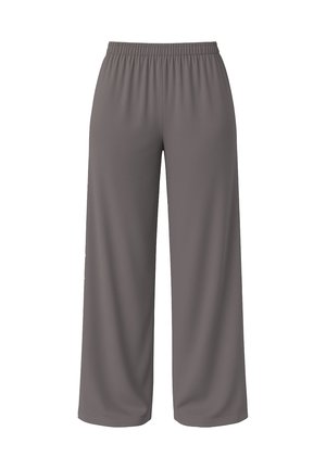 Pantalones de pierna ancha grises con cinturilla elástica. Fabricados en una tela suave y ligera, con una textura lisa y sin patrones adicionales.