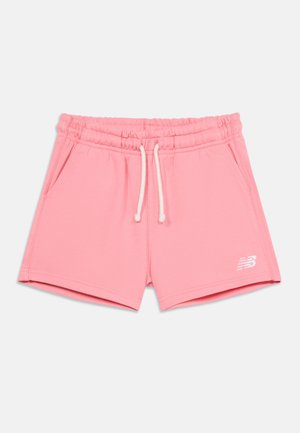 Shorts de sport roses avec taille élastique, cordon de serrage blanc, poches latérales et logo New Balance sur la jambe gauche.