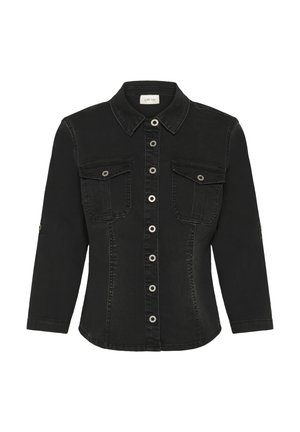 Jachetă din denim negru, cu mâneci lungi, guler ascuțit, închidere cu nasturi în față, două buzunare pe piept și accente din metal de culoare argintie.