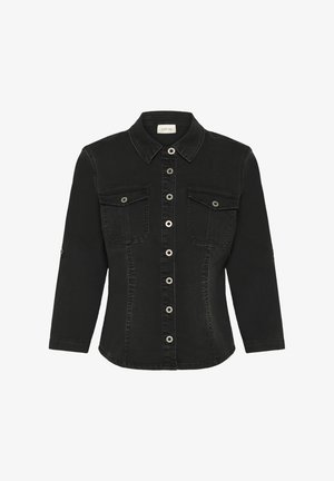 Chaqueta de mezclilla negra con mangas largas, cuello puntiagudo, cierre frontal de botones, dos bolsillos en el pecho y detalles en tono plateado.