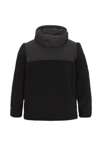 Giacca in pile nera con un pannello superiore trapuntato e cappuccio. Presenta un tessuto testurizzato, maniche lunghe e orlo dritto.