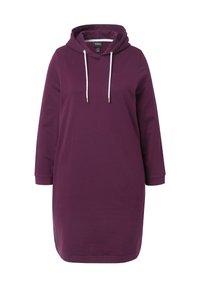 Langes, lila Kapuzenkleid mit weißen Kordeln und einer Kapuze, vor einem weißen Hintergrund präsentiert.