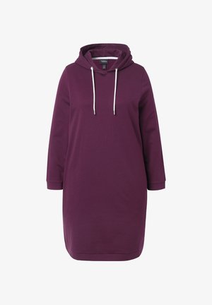 Paarse hoodie jurk met lange mouwen en witte trekkoorden, weergegeven tegen een witte achtergrond.