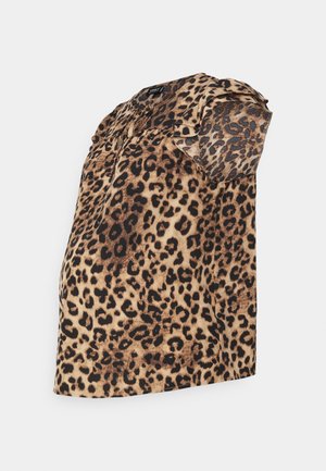 Leopard print blouse featuring a relaxed fit, short puff sleeves, and a rounded neckline, made from lightweight, textured fabric.