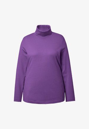 Fialový svetr s rolákem a dlouhým rukávem vyrobený z měkké bavlny. Obsahuje přiléhavý výstřih a rovný lem bez vzorů nebo ozdob.