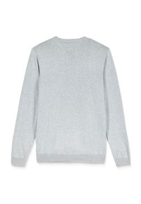 Pull gris clair à manches longues avec poignets, ourlet et encolure ronde côtelés, montré de dos sur fond blanc.