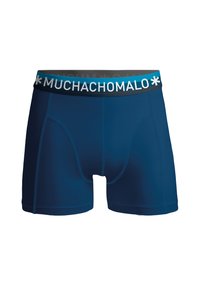Bokserice tamnoplave boje izrađene od glatkog materijala, s crnim pojasom na kojem je u svijetloplavim slovima ispisano "MUCHACHOMALO" i uskim krojem.