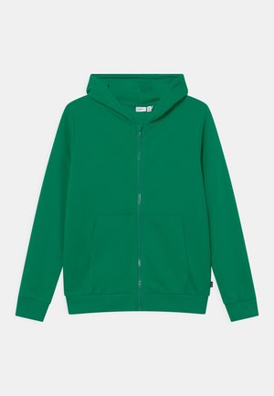 Green zip-up hoodie with front pockets and long sleeves, displayed flat on a light background.