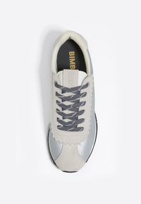 Sneaker z szarym zamszowym i metalicznym wierzchem, z zygzakowymi detalami, ciemnoszarymi sznurowadłami i czarną gumową podeszwą. Logo umieszczone na języku.