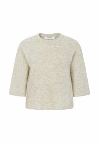 Hellbeige Wollpullover mit lockerer Passform, kurzen Ärmeln und rundem Ausschnitt. Strukturmuster im Strickdesign.