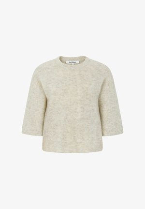Pull en laine beige clair avec une coupe décontractée, des manches courtes et un col rond. Motif en tricot texturé sur l'ensemble.