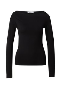 Schwarzes Langarmshirt mit weitem Ausschnitt, figurbetontem Schnitt und weicher Textur, aus dehnbarem Stoff gefertigt. Keine sichtbaren Muster oder Verzierungen.