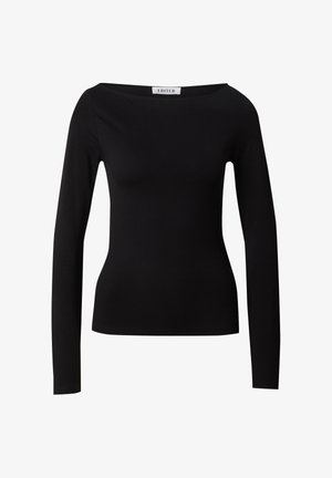 Zwart langemouwen top met een brede halslijn, getailleerde vorm en zachte textuur, gemaakt van rekbaar fabric. Geen zichtbare patronen of versieringen.