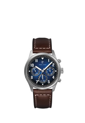 Herren-Analogarmbanduhr mit blauem Zifferblatt, silbernem Gehäuse, drei Subdials, weißen Markierungen und braunem Lederarmband mit weißer Naht.