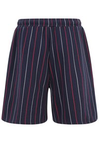 Pantaloni corti a righe navy con righe verticali rosse e bianche, vita elastica e vestibilità comoda, realizzati in morbido cotone.