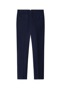 Pantalones azul marino con textura suave, diseño de pierna recta y dos bolsillos traseros con botones negros. Cintura elástica incluida.