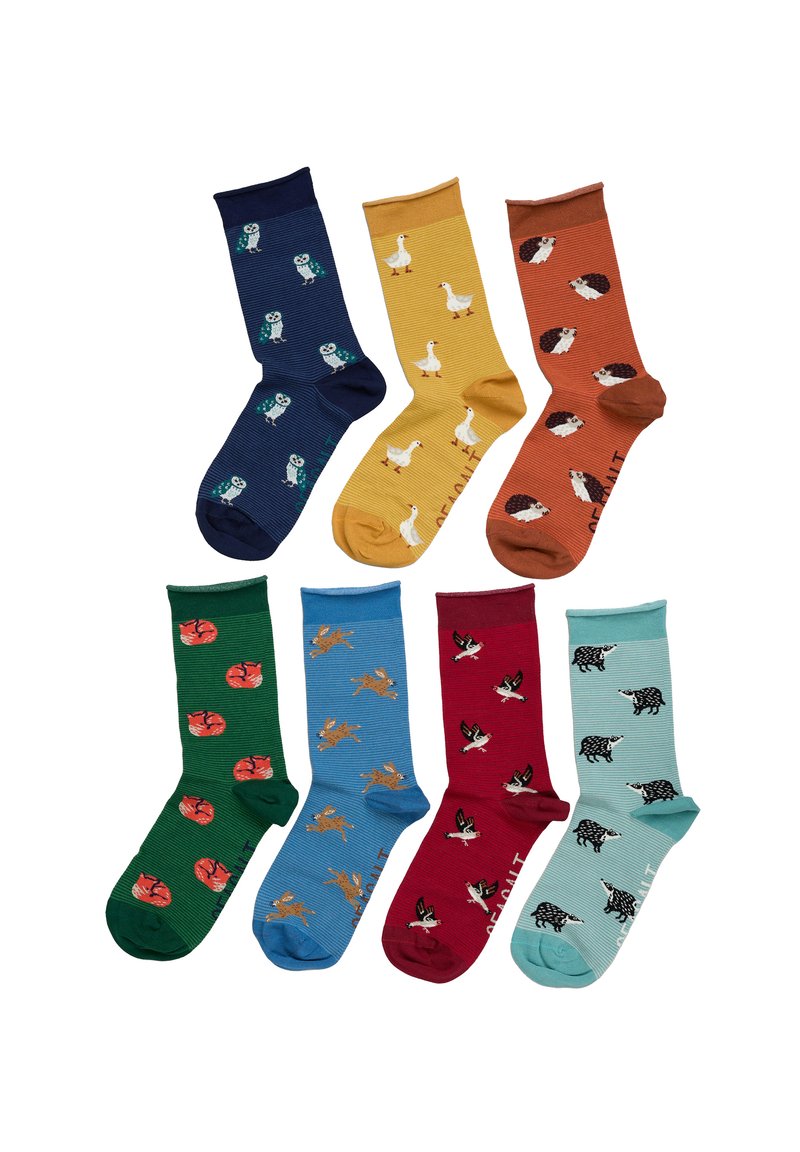 Collezione di otto calzini con motivi di animali. I colori includono blu navy, giallo, arancione, verde, rosso e teal. Vari materiali e trame.