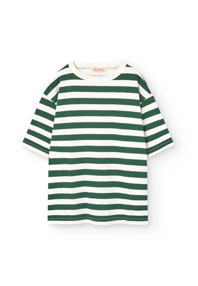 Zielono-biały, w paski, krótki rękaw, t-shirt wykonany z miękkiej bawełny, z okrągłym dekoltem i luźnym krojem. Posiada poziome paski.