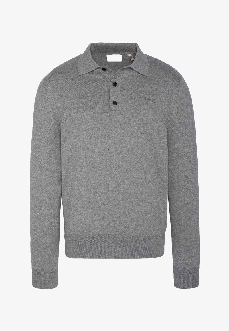 Polo gris à manches longues en maille, avec trois boutons noirs, poignets et ourlet côtelés, et petit nom de la marque brodé sur la poitrine.