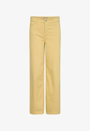 Gula vida byxor i en blandning av bomull. Har knäppning med knapp och dragkedja framtill, fem fickor och en slät yta.