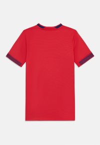 Punane lühikeste varrukatega särk, mis on tehtud siledast kangast, millel on tumesinist värvi krae ja mustrilised detailid varrukaservadel. Näidatud on tagantvaade.