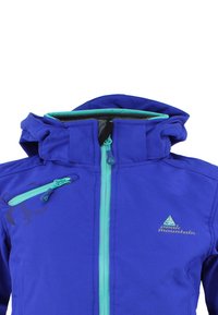 Veste violette avec une fermeture éclair et une doublure turquoise. Dotée d'une capuche, d'une poche poitrine zippée et d'un détail de logo sur le devant. Texture lisse.