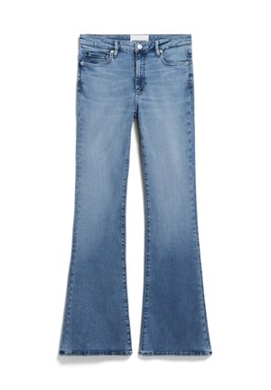 Lichtblauwe denim flared jeans met een medium hoge taille, vijf zakken, subtiele vervaging en gestikte zomen. Voorzien van een sluiting met een knoop en ritssluiting.