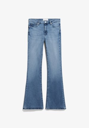 Lichtblauwe denim flared jeans met een medium hoge taille, vijf zakken, subtiele vervaging en gestikte zomen. Voorzien van een sluiting met een knoop en ritssluiting.