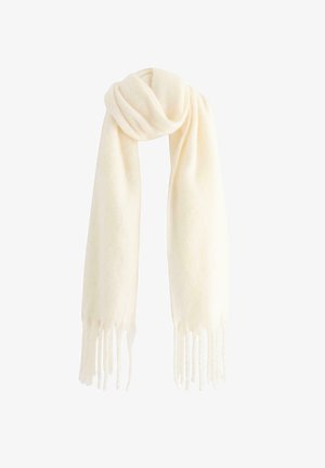 Écharpe en laine douce de couleur crème avec des franges, présentée pliée et drapée sur un fond blanc.