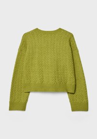 Grüner gestrickter Pullover mit strukturierter Fischgrätmusterung, gerippten Bündchen und Saum. Mit Rundhalsausschnitt und verkürzter Silhouette.