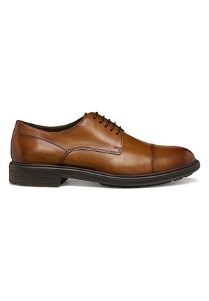 Zapato oxford de hombre en cuero marrón con cierre de cordones y suela de goma negra, mostrado de perfil sobre fondo blanco.