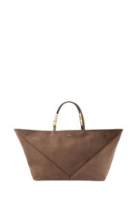 Sac tote en daim marron au design angulaire, doté d'une courte poignée ornée de perles décoratives. Logo visible à l'avant.