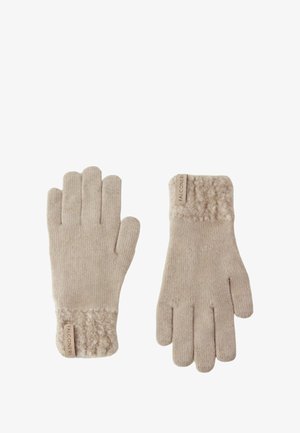 Beige gestrickte Handschuhe mit einem weich strukturierten Bündchen, das ein dezentes Logo-Tag aufweist. Hergestellt aus warmem Material, entworfen für Komfort und Wärme.