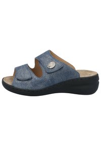 Blue leather slide sandal with a textured finish, two adjustable straps, and a black wedge sole featuring a silver accent detail.