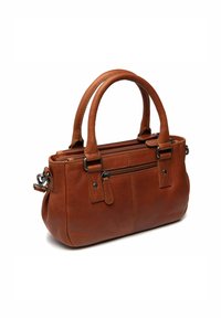 Bruine leren handtas met twee korte handvatten, ritssluiting en een frontvak met rits. Gladde textuur met stikdetails en zwarte hardware accenten.
