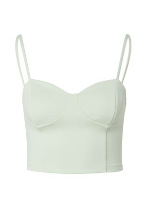 Hellgrünes Crop-Top mit verstellbaren Spaghettiträgern, das einen Herzausschnitt und eine glatte, dehnbare Textur aufweist.
