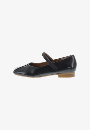 Black leather ballet flats with a round toe, pleated design, a single adjustable strap, and a low wooden heel.