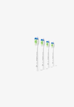 Philips Sonicare tandenborstelkoppen in het wit met groene en blauwe accenten. Elke kop heeft een unieke vorm, met een vlakke basis en een afgeronde borstelkop.