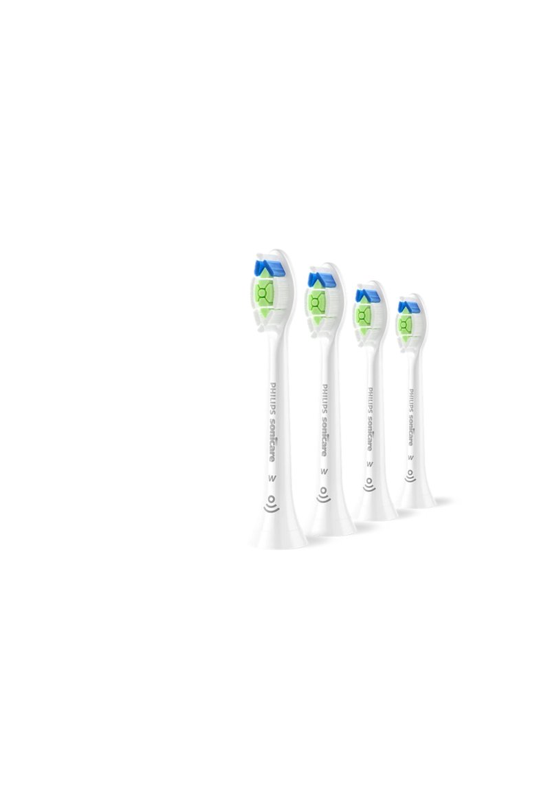 Philips Sonicare tandenborstelkoppen in het wit met groene en blauwe accenten. Elke kop heeft een unieke vorm, met een vlakke basis en een afgeronde borstelkop.