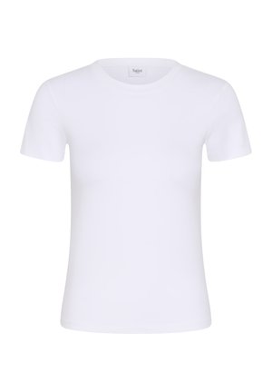 Paprastas baltas trumpomis rankovėmis marškinėlis su apvalia apykakle, viduje apykaklės yra mažas „Saint“ etiketė, eksponuojamas prieš baltą foną.