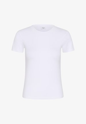 Prosty biały T-shirt z krótkim rękawem i okrągłym dekoltem, z małą metką „Saint” wewnątrz kołnierza, przedstawiony na białym tle.