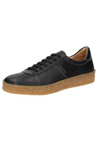 Schwarze Ledersneaker mit runder Zehenpartie und brauner Gummisohle. Verfügt über kontrastierende Nähte und Schnürdesign. "Seit 1954" ist an der Seite eingeprägt.