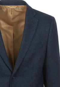 Marine herringbone blazer gemaakt van textuurstof; heeft een enkele knoopsluiting en een gladde gouden binnenvoering.