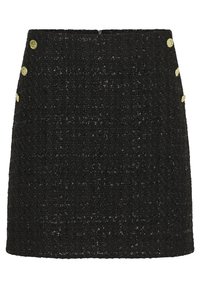 Černá sukni z tvídu s výrazným střihem, jemnou texturou a zlatými knoflíkovými detaily na boku.