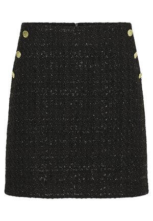 Sort tweednederdel med en struktureret form, subtil tekstur og guldbelagte knapdetaljer på siden.