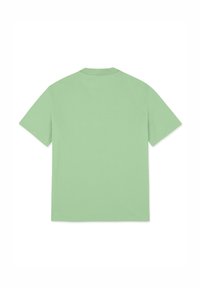 Koszulka z krótkim rękawem w jasnooliwkowym kolorze. Posiada okrągły dekolt i prosty krój, z małym logo przy dolnym brzegu. Gładka struktura.