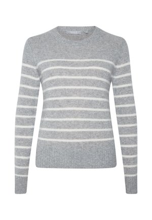 Jersey gris con rayas horizontales blancas, hecho de un material suave, con cuello redondo y mangas largas. Diseño simple y limpio.