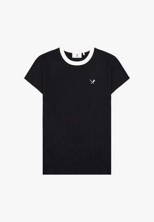 T-shirt noir à manches courtes avec col ras du cou blanc et petit logo d'épée et couteau croisés sur la poitrine gauche.